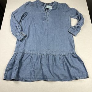 LOFT Linen Blend Ruffle Hem Dress Blue Long Sleeve Casual Cottagecore PM NWT